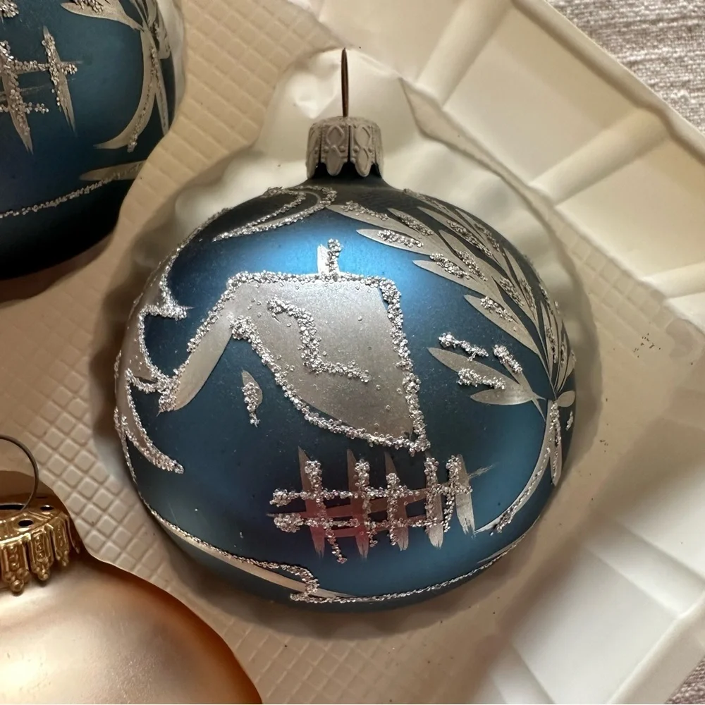 Vintage Set 4 Christmas By Krebs Blue Gold Glitter Glass Ball Ornaments Crowns - Picture 4 of 11